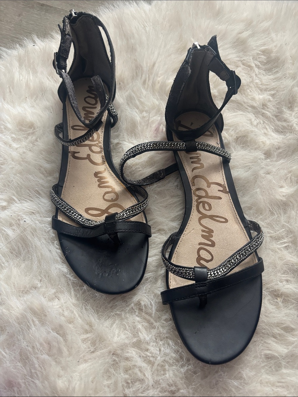 Sam Edelman Black and Silver Braided Ankle Strap Sandals